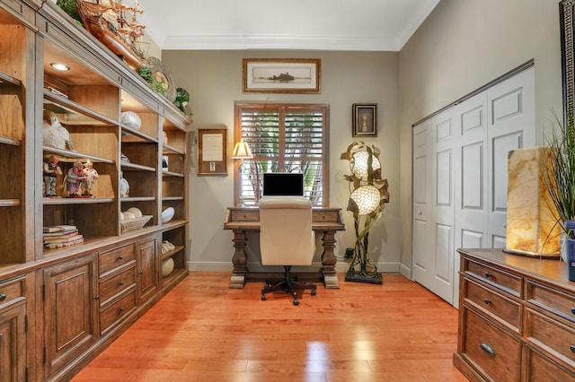 office featuring light hardwood / wood-style flooring and ornamental molding