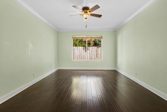 unfurnished room with crown molding, dark hardwood / wood-style flooring, and ceiling fan