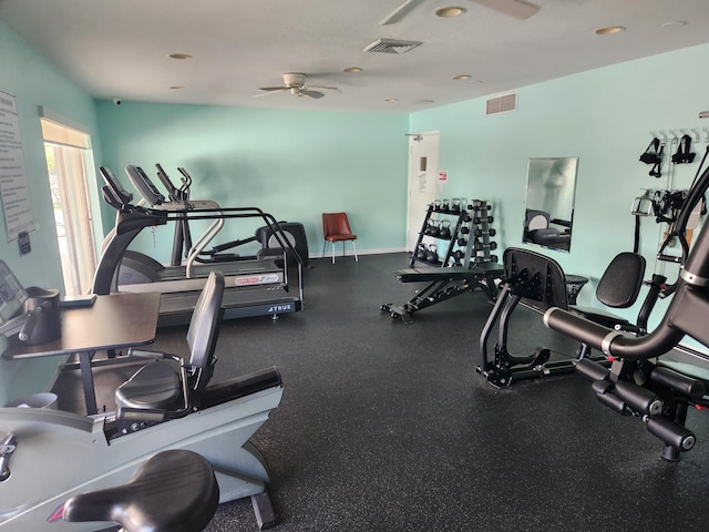 gym featuring ceiling fan