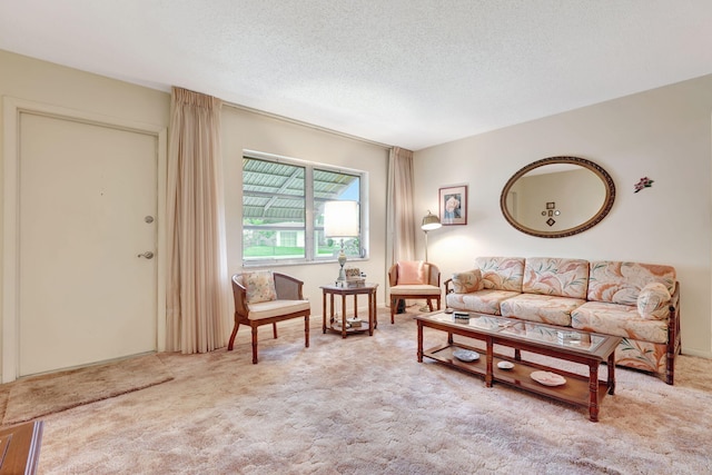 carpeted living room featuring a textured ceiling