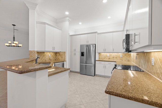 kitchen featuring white cabinets, light tile patterned flooring, kitchen peninsula, and stainless steel appliances