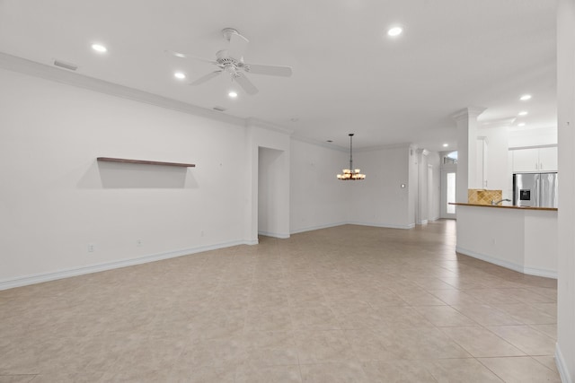 unfurnished living room featuring ceiling fan with notable chandelier, ornamental molding, and light tile patterned floors