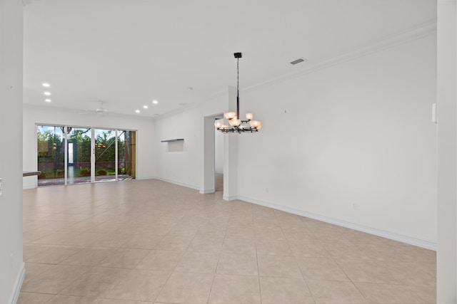 tiled spare room featuring ceiling fan with notable chandelier and crown molding