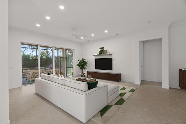 living room with ceiling fan, ornamental molding, and light tile patterned flooring