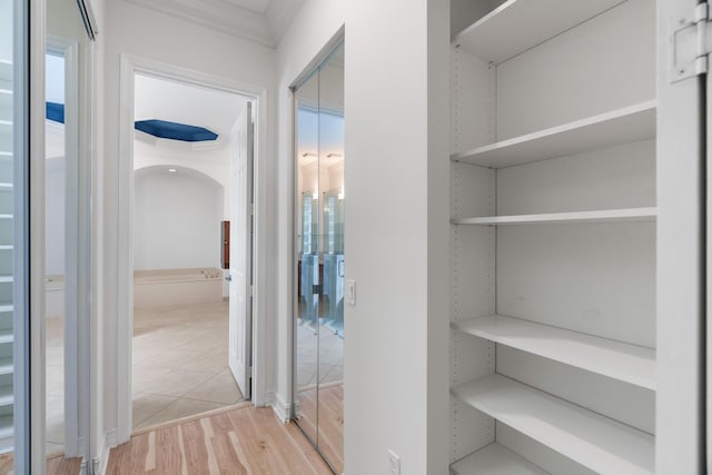 hallway with crown molding and light hardwood / wood-style flooring