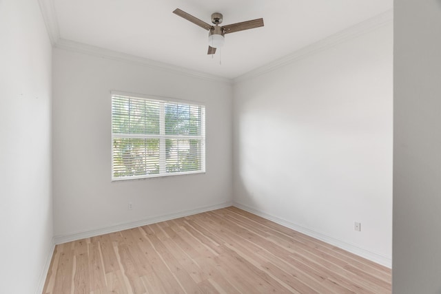 unfurnished room with light hardwood / wood-style flooring, ceiling fan, and ornamental molding