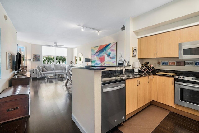 kitchen with sink, light brown cabinets, dark hardwood / wood-style flooring, kitchen peninsula, and appliances with stainless steel finishes