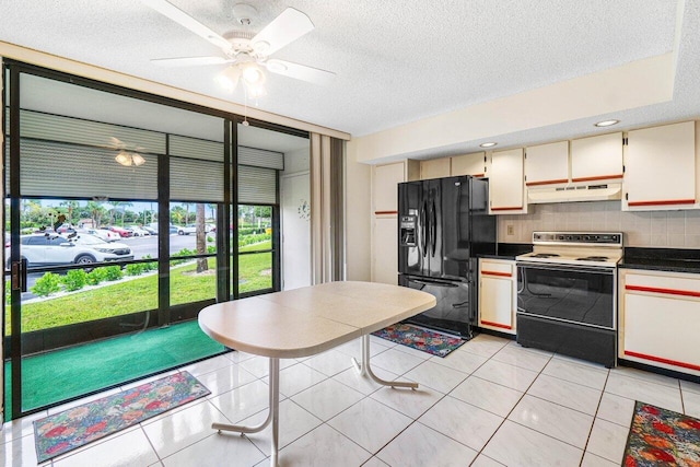 5100 Las Verdes Cir Unit 119, Delray Beach, FL 33484 - kitchen featuring electric stove, under cabinet range hood, black refrigerator with ice dispenser, tasteful backsplash, and dark countertops