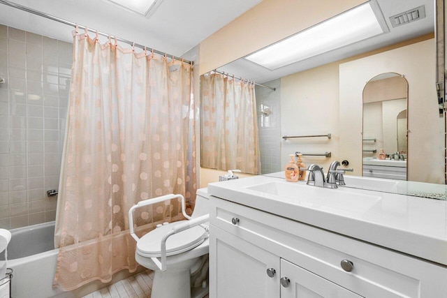 full bathroom with vanity, tile patterned flooring, toilet, and shower / bathtub combination with curtain