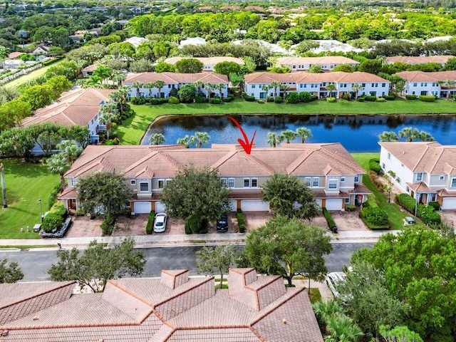 drone / aerial view featuring a water view