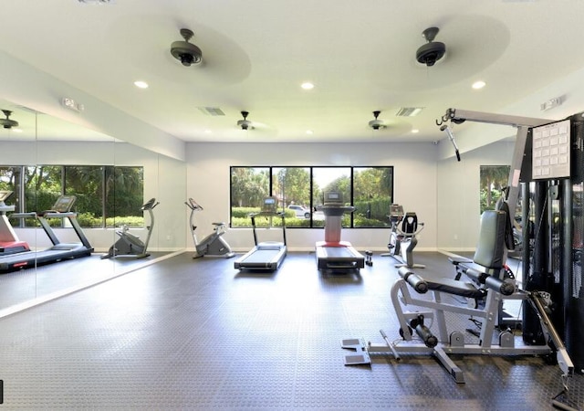 gym featuring ceiling fan