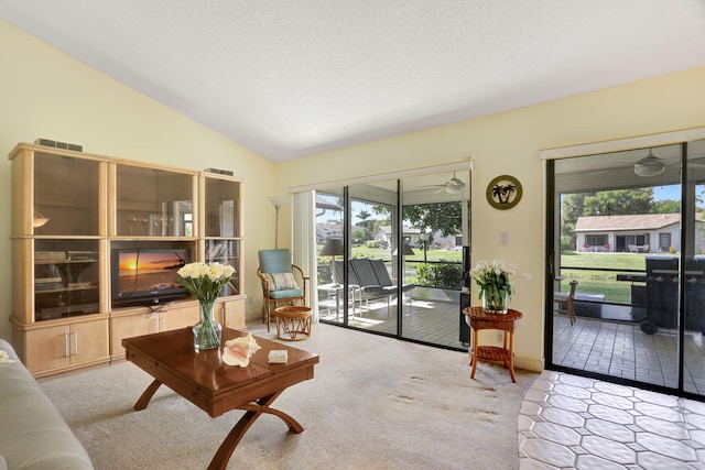 living room featuring light carpet, a healthy amount of sunlight, a textured ceiling, and vaulted ceiling