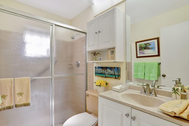 bathroom with vanity, toilet, and an enclosed shower