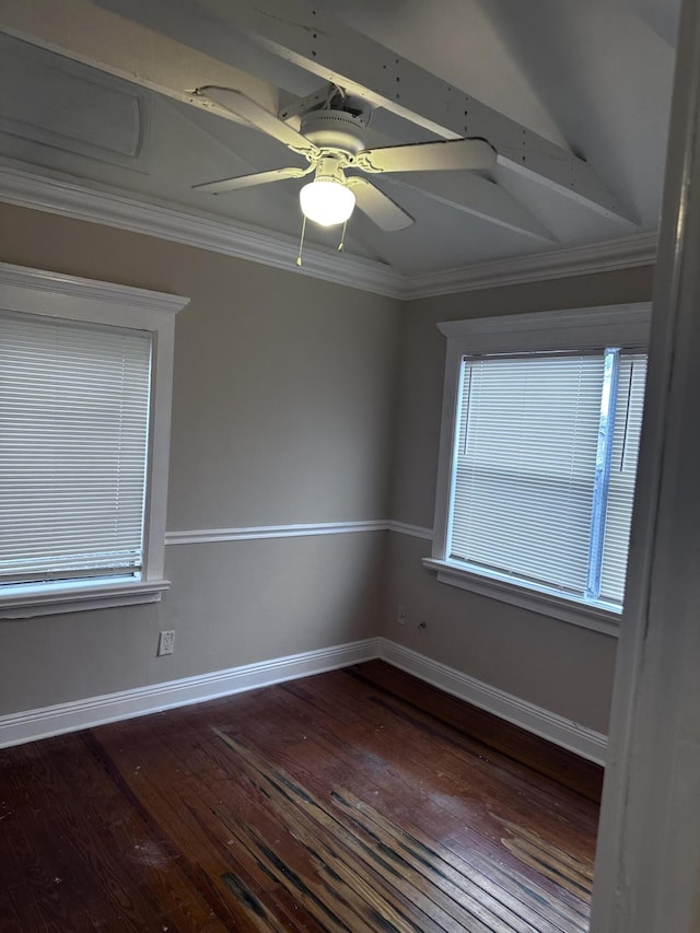 spare room with ornamental molding, hardwood / wood-style flooring, and ceiling fan