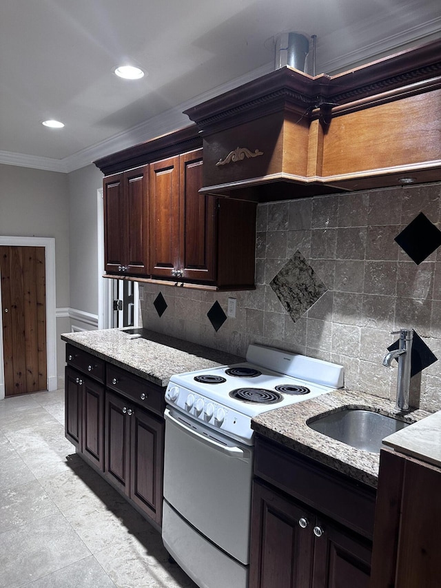 kitchen featuring tasteful backsplash, sink, dark brown cabinets, white electric stove, and crown molding