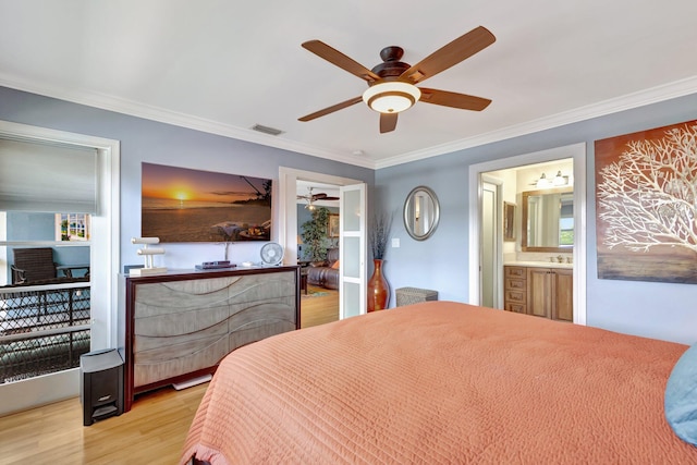 bedroom with light hardwood / wood-style floors, ceiling fan, ornamental molding, and ensuite bathroom