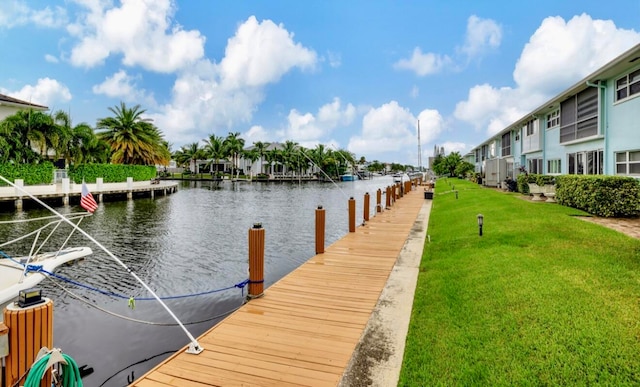 view of dock featuring a yard and a water view