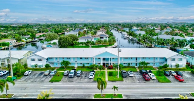 bird's eye view with a water view