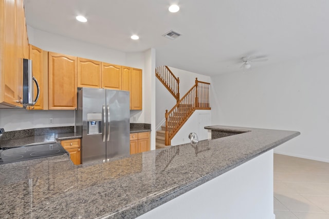kitchen featuring light tile patterned floors, a ceiling fan, visible vents, appliances with stainless steel finishes, and recessed lighting