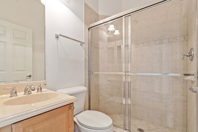 full bath with a shower stall, vanity, and toilet