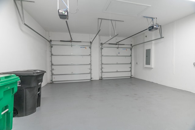 garage featuring electric panel and a garage door opener