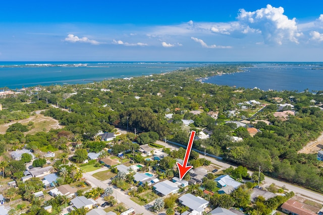 drone / aerial view featuring a water view