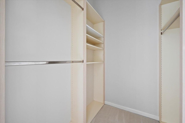 walk in closet featuring light colored carpet