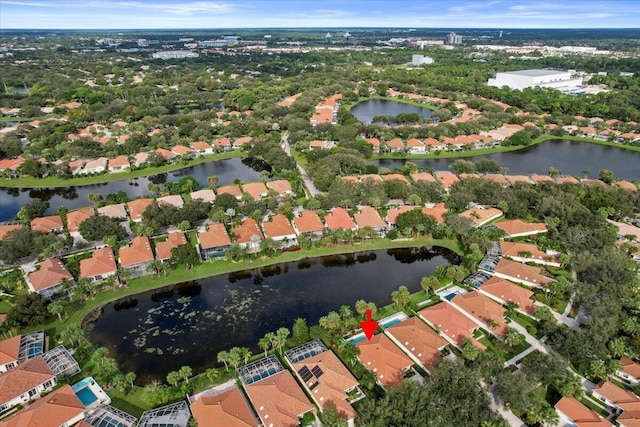 aerial view featuring a residential view and a water view