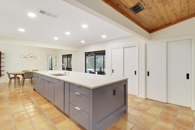 kitchen featuring vaulted ceiling, a center island with sink, wood ceiling, gray cabinetry, and sink