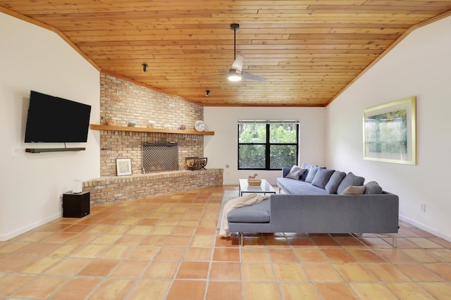 tiled living room with lofted ceiling, a brick fireplace, ceiling fan, and wooden ceiling