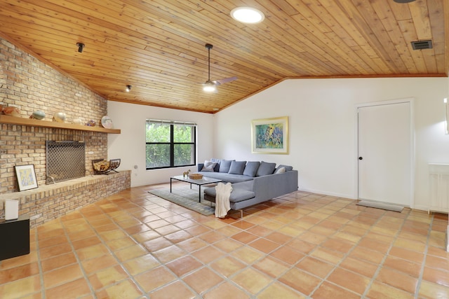 tiled living room featuring a brick fireplace, ceiling fan, vaulted ceiling, and wood ceiling