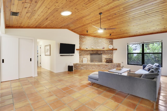 tiled living room featuring wooden ceiling, a fireplace, lofted ceiling, ceiling fan, and brick wall