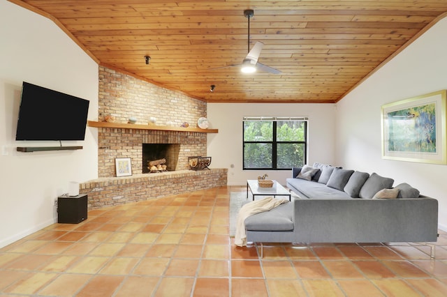 tiled living room featuring wooden ceiling, ceiling fan, and vaulted ceiling