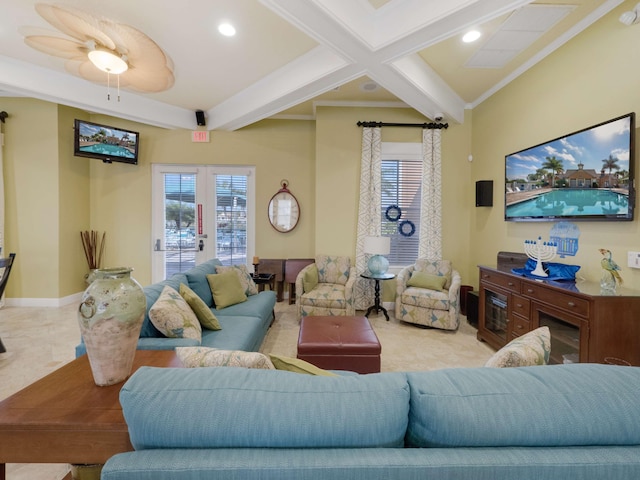 living room featuring beamed ceiling, ceiling fan, and crown molding