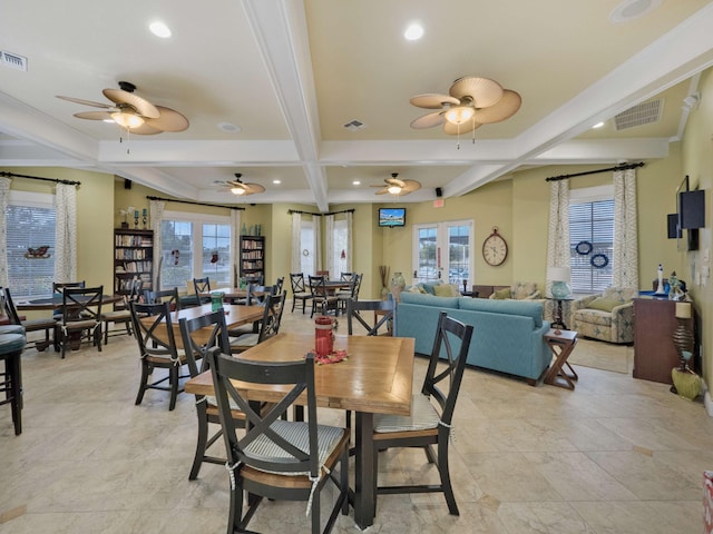 dining area featuring ceiling fan, beamed ceiling, french doors, and coffered ceiling