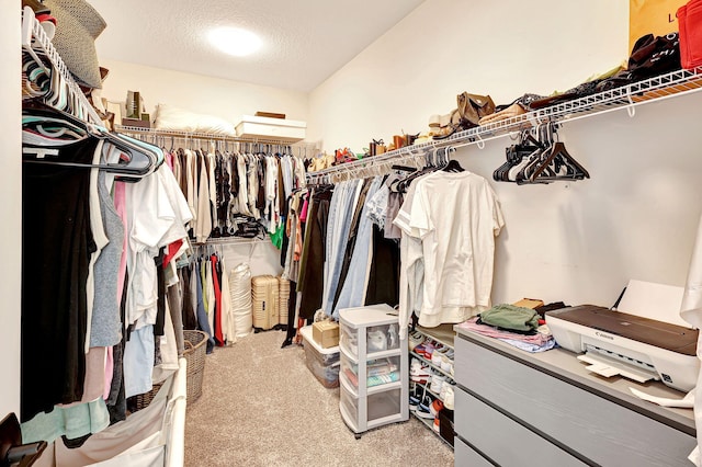 walk in closet featuring light carpet