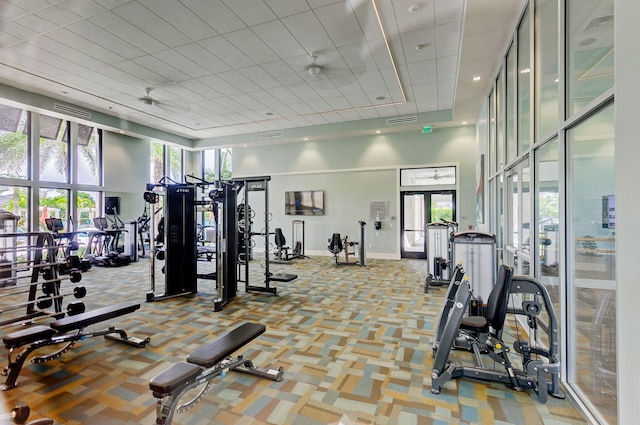 exercise room with light carpet, french doors, and a towering ceiling