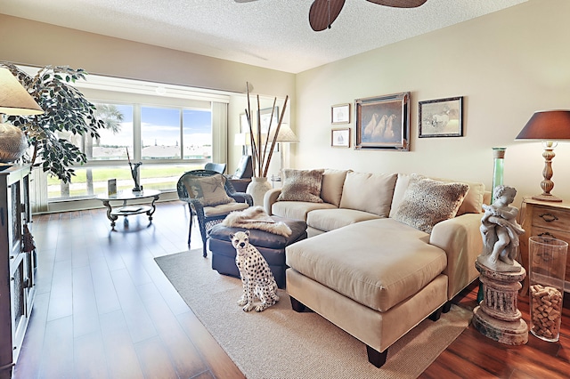 living room featuring dark wood-type flooring, ceiling fan, and a textured ceiling