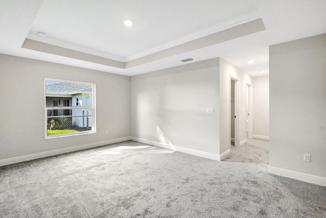 unfurnished room with a tray ceiling and light colored carpet