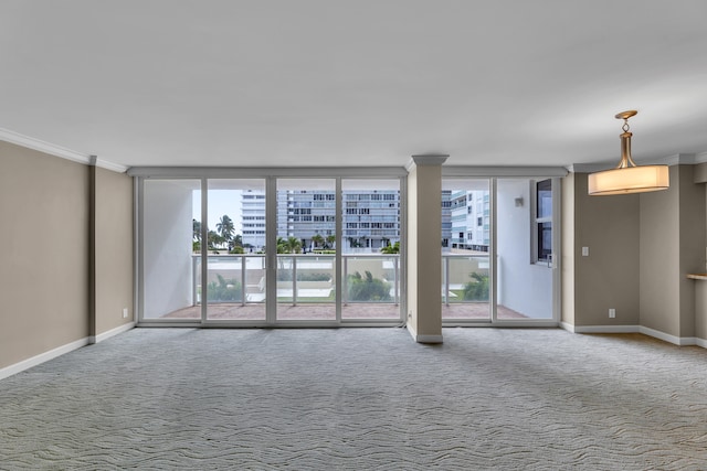 carpeted empty room featuring a healthy amount of sunlight and ornamental molding