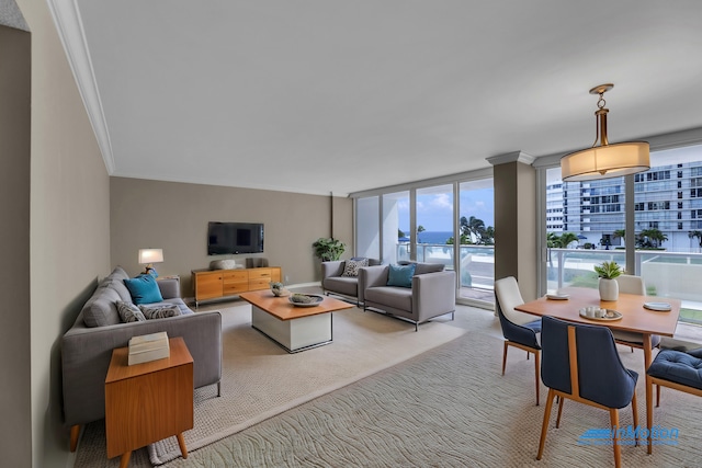 carpeted living room featuring ornamental molding and expansive windows