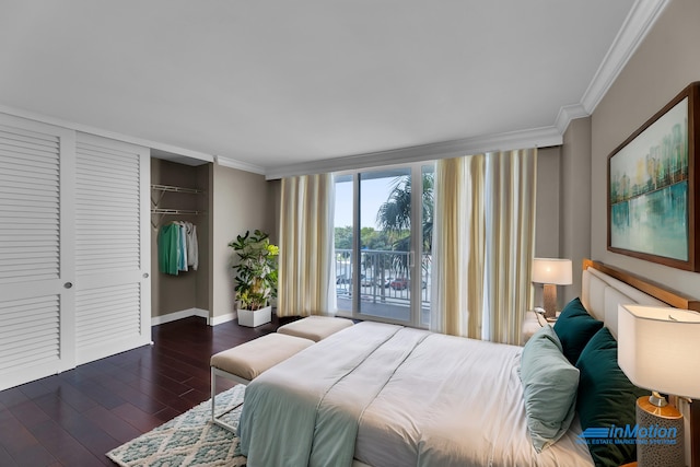 bedroom featuring ornamental molding, dark wood-type flooring, access to exterior, and a closet