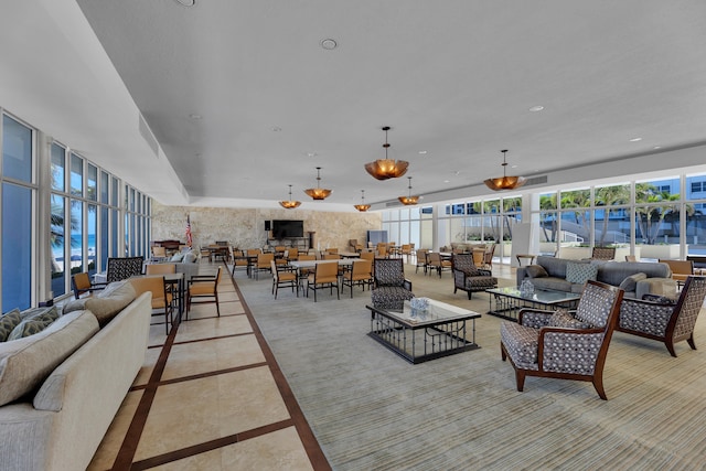 living room with light tile patterned flooring