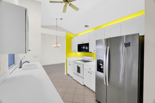 kitchen with white cabinets, white electric range oven, vaulted ceiling, and stainless steel refrigerator with ice dispenser