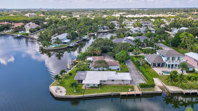 bird's eye view with a water view