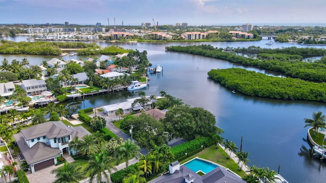 bird's eye view with a water view