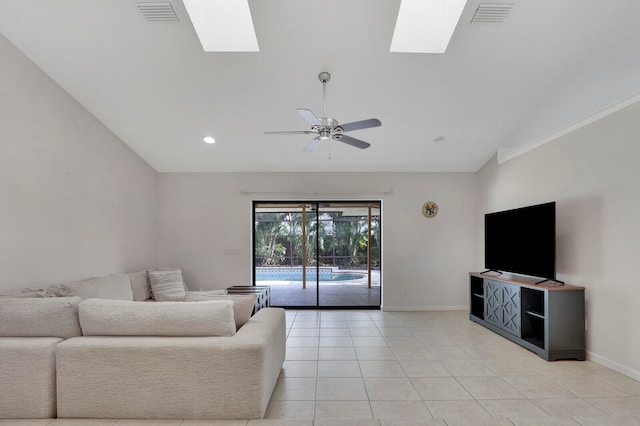 living room featuring ceiling fan, high vaulted ceiling, and light tile patterned floors