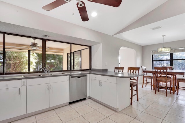 kitchen with white cabinetry, stainless steel dishwasher, a wealth of natural light, and vaulted ceiling