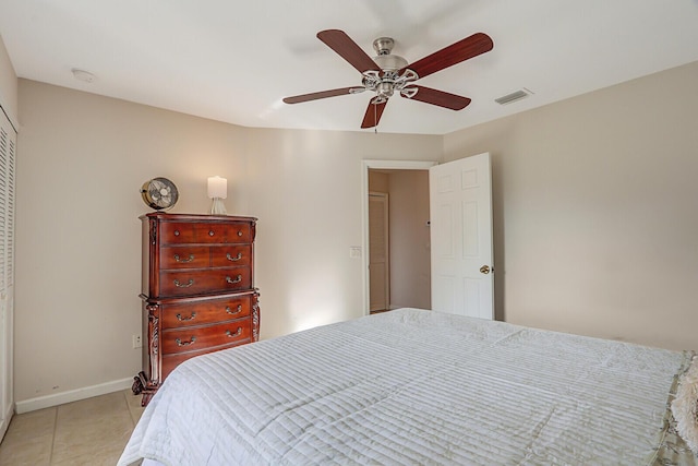 bedroom featuring light tile patterned flooring, ceiling fan, baseboards, visible vents, and a closet