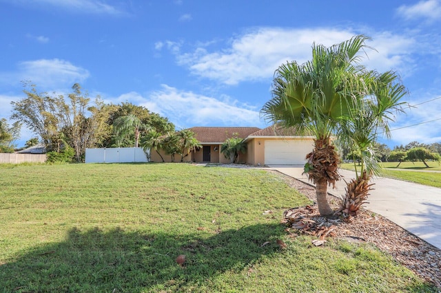 ranch-style home with fence, driveway, a front yard, and a garage